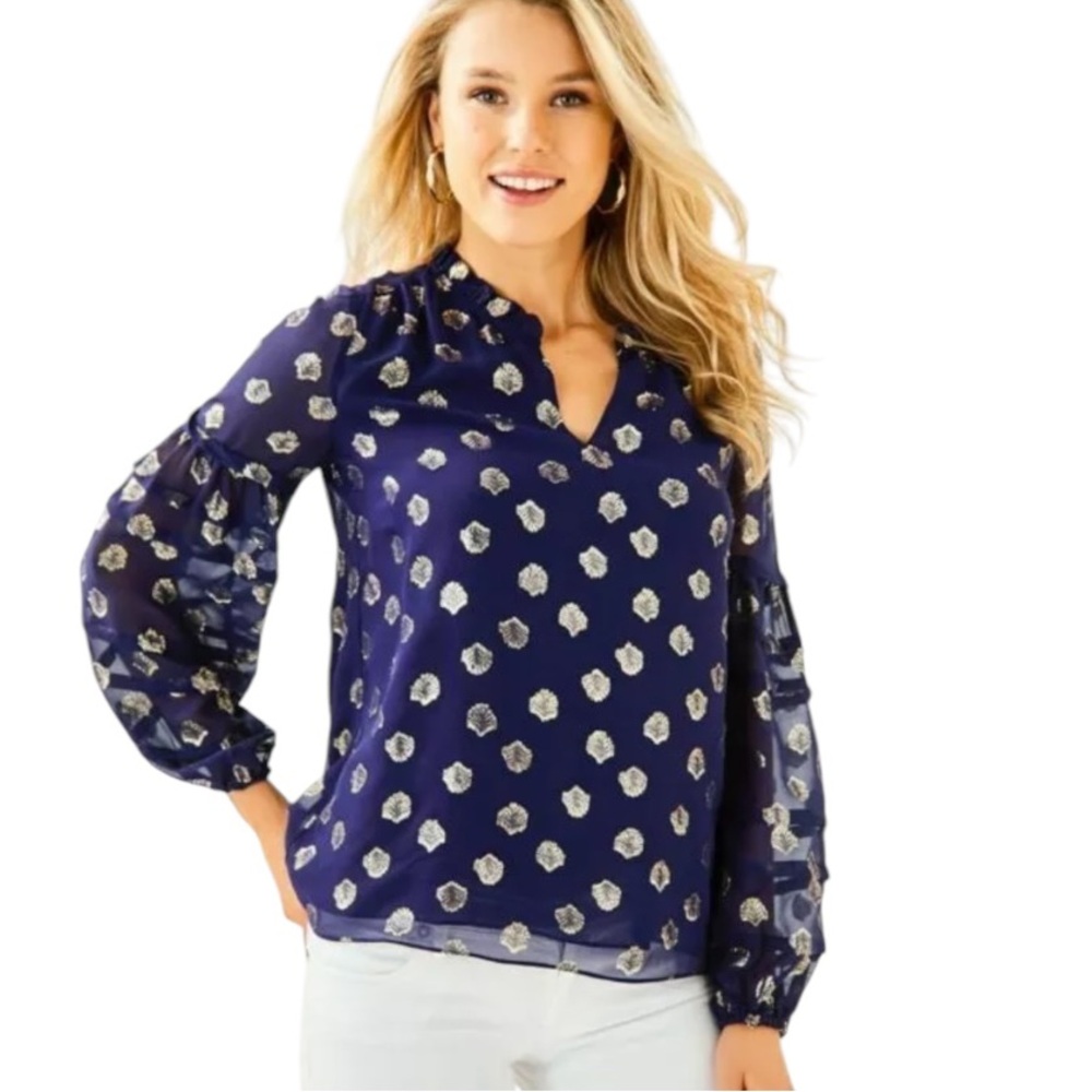 Lilly Pulitzer Giana Silk Navy Blue & Seagrass Metallic Gold Clip Dot Blouse - M